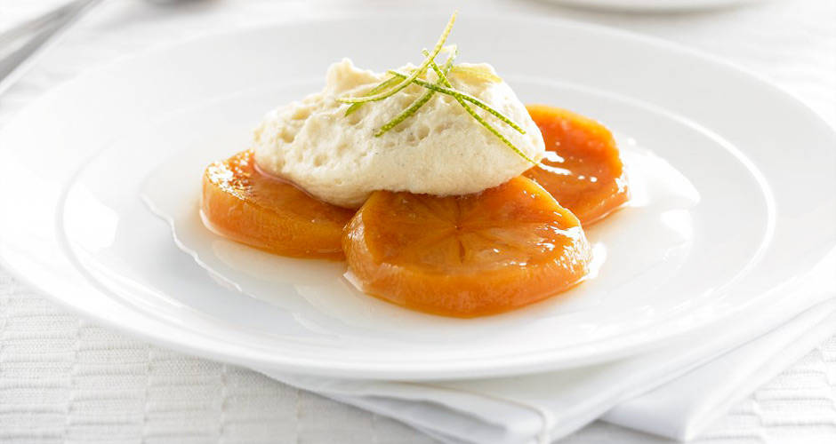 Lime Poached Persimmons with White Chocolate Mousse