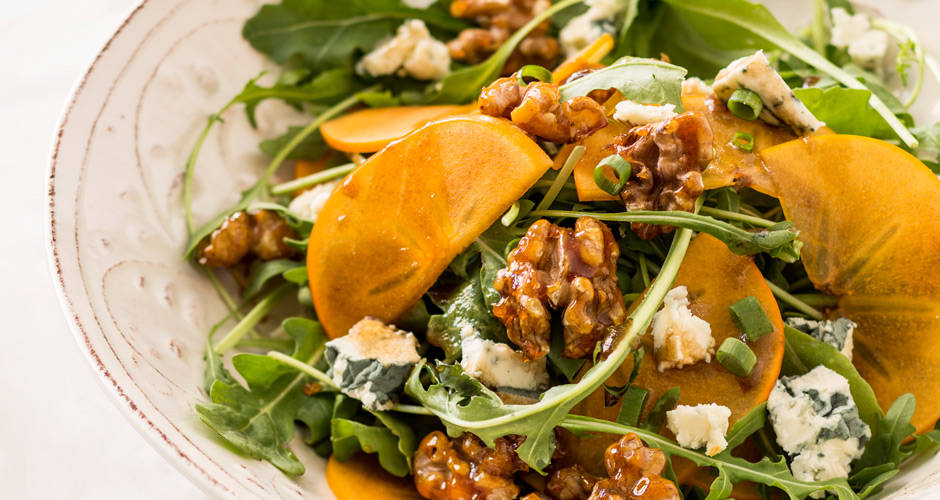 Persimmon, Rocket, Blue Cheese & Candied Walnut Salad