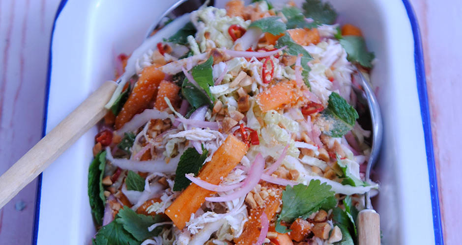 Poached Chicken Salad with Sweet Persimmon & Somtan Dressing